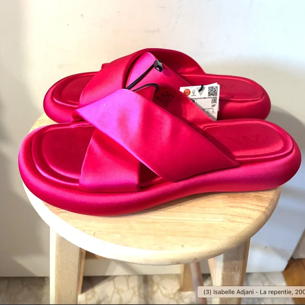 Zara fuchsia pink crossed satiny flat sandals slides NWT - Picture 3 of 8